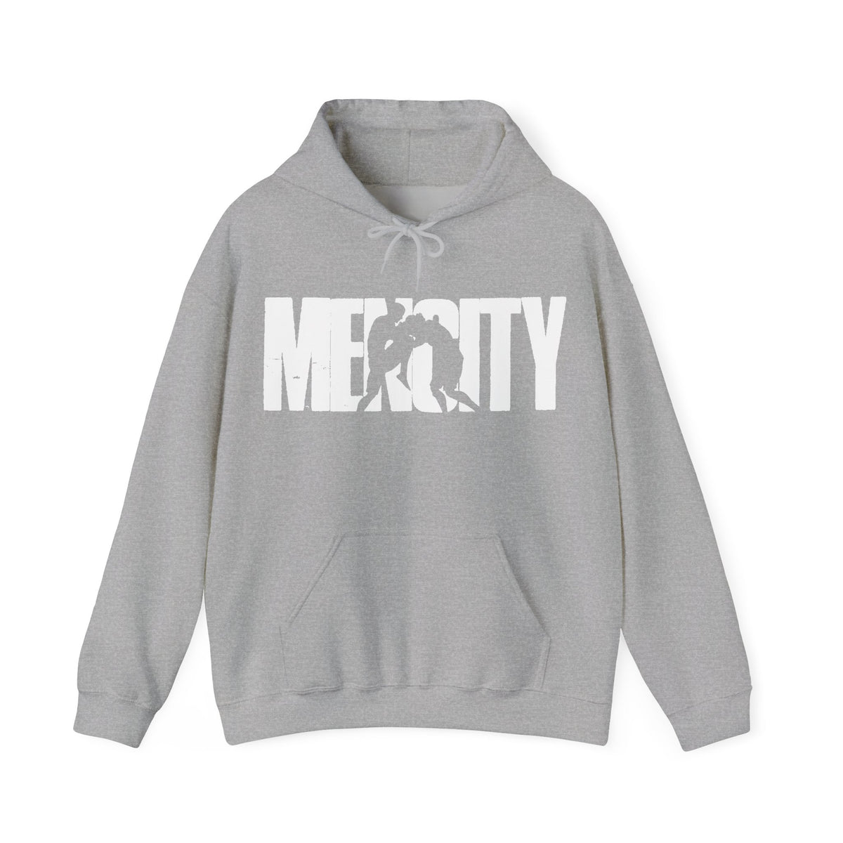 Mencity Urban Hoodie in sport grey, front with white Mencity fighter wordmark