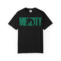 Black Mencity Fighter gym t-shirt, front view, with green MENCITY wordmark and boxer silhouette