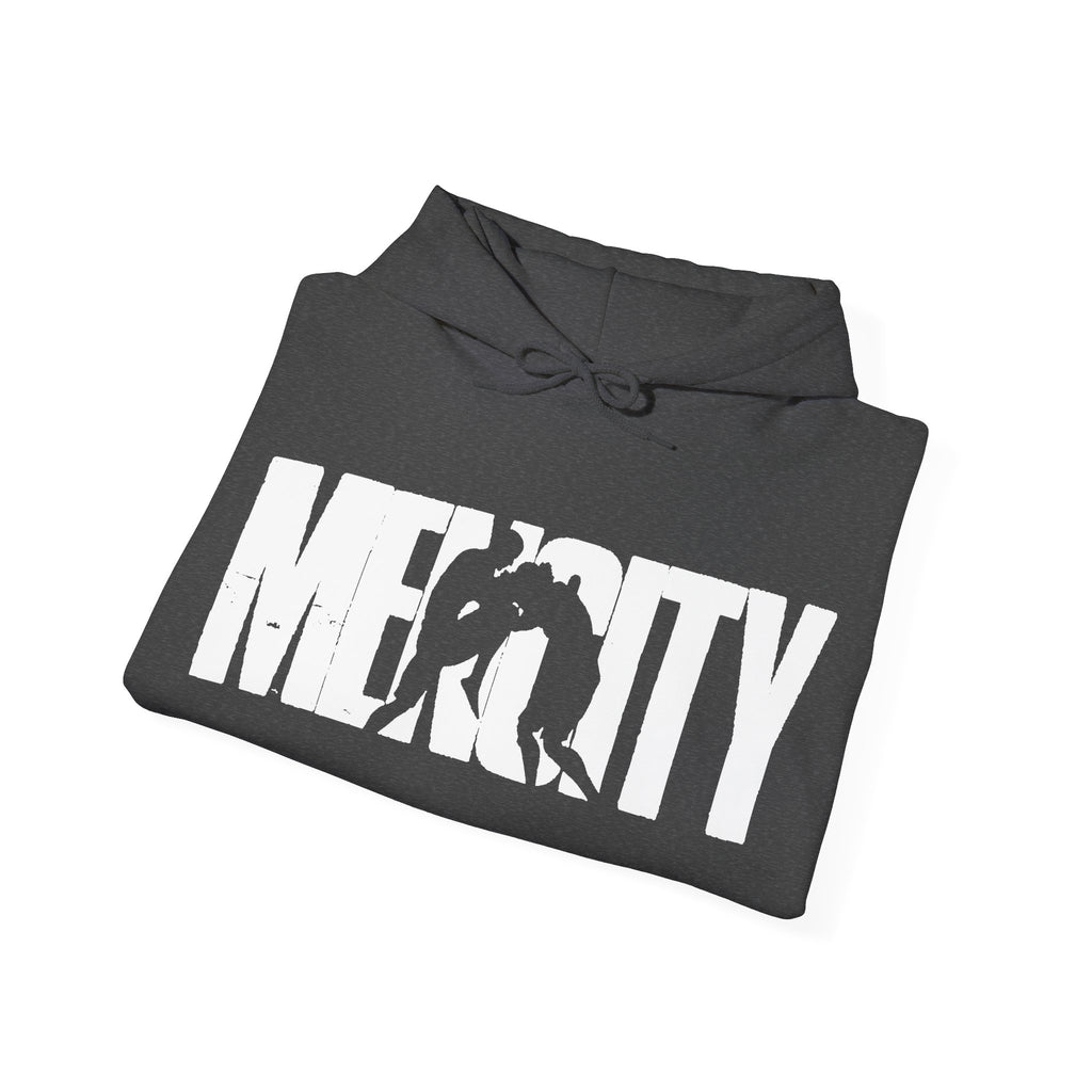 Mencity Urban Hoodie in dark heather, folded to show the chest print