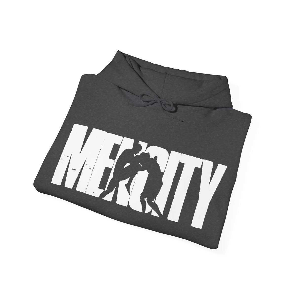 Mencity Urban Hoodie in dark heather, folded to show the chest print