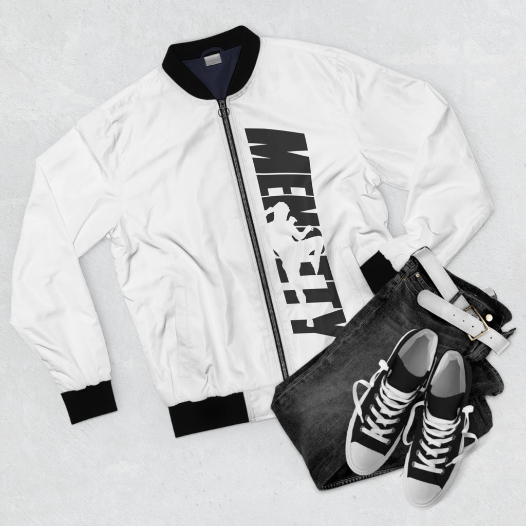 White Mencity bomber jacket in a flat lay with black jeans and black trainers