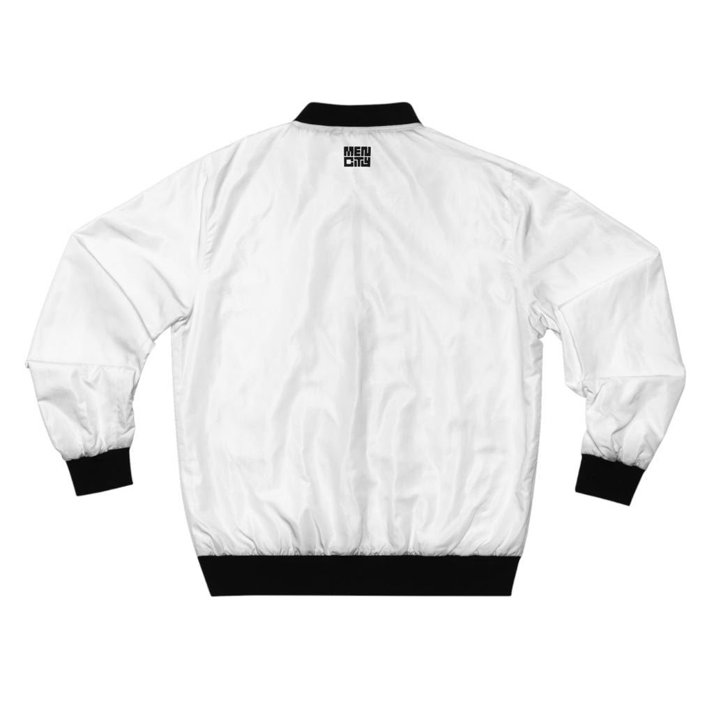 White Mencity bomber jacket, back view, with black rib collar, cuffs and hem
