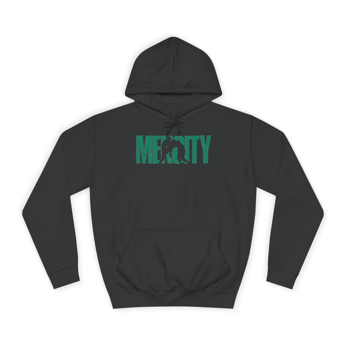 Jet Black Mencity Fight Camp Hoodie, front view, with the green fighter wordmark printed across the chest