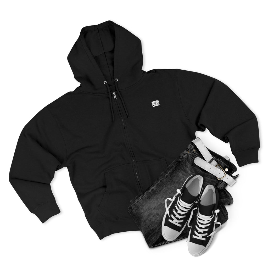 Black Mencity essential zip hoodie in a flat lay with black jeans and black trainers