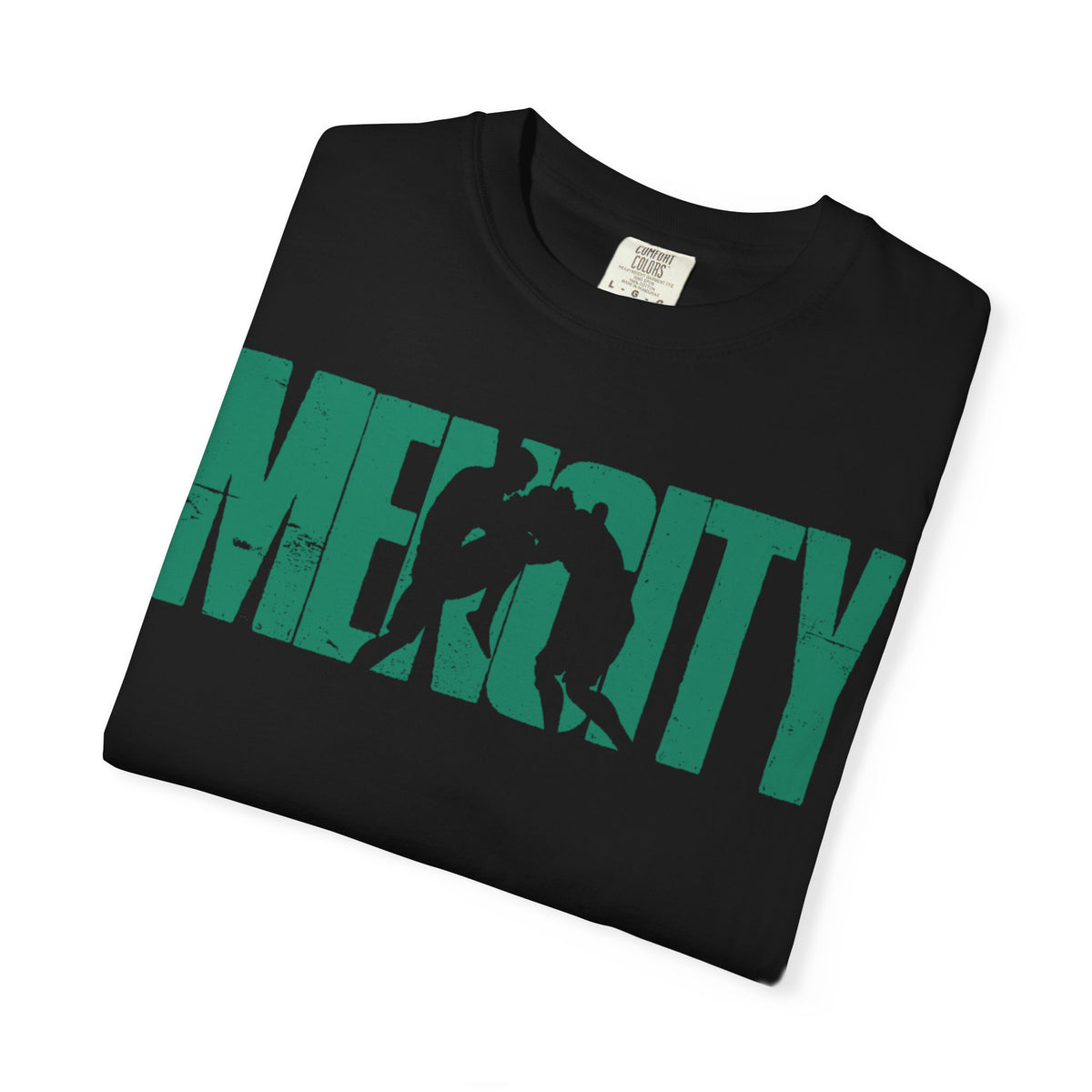 Black Mencity Fighter gym t-shirt, folded to show the green MENCITY boxer wordmark
