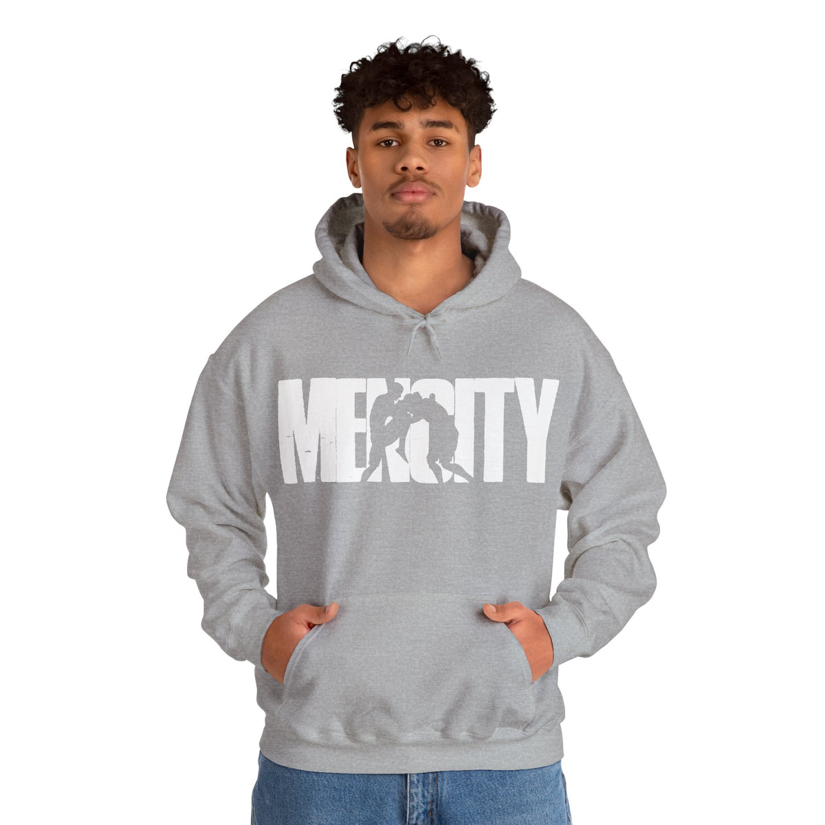 Model wearing the Mencity Urban Hoodie in sport grey