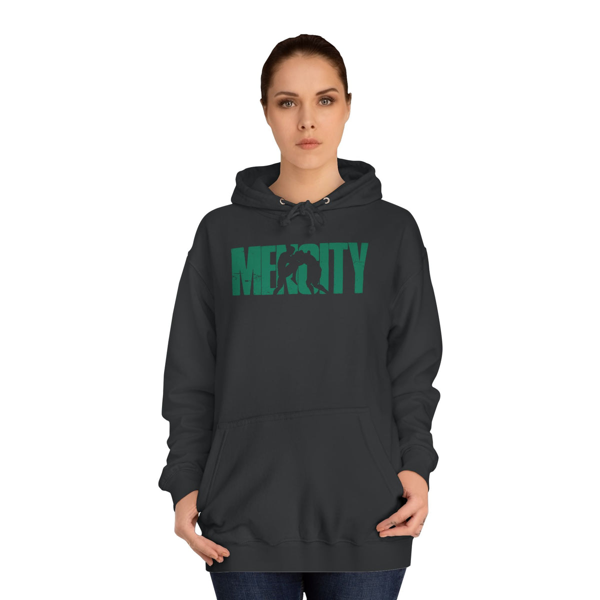 Woman wearing the Jet Black Fight Camp Hoodie, relaxed unisex fit with a kangaroo pocket