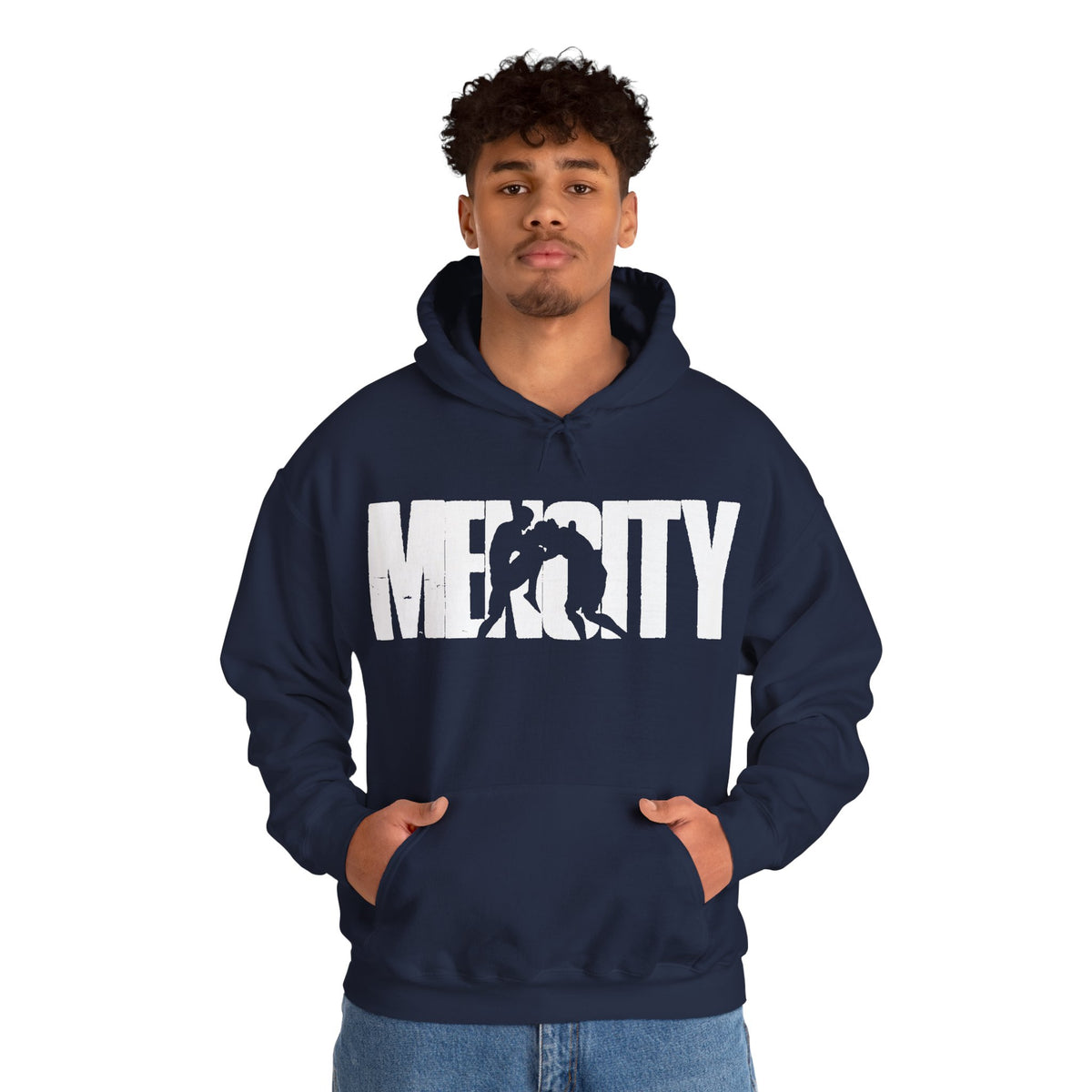 Model wearing the Mencity Urban Hoodie in navy
