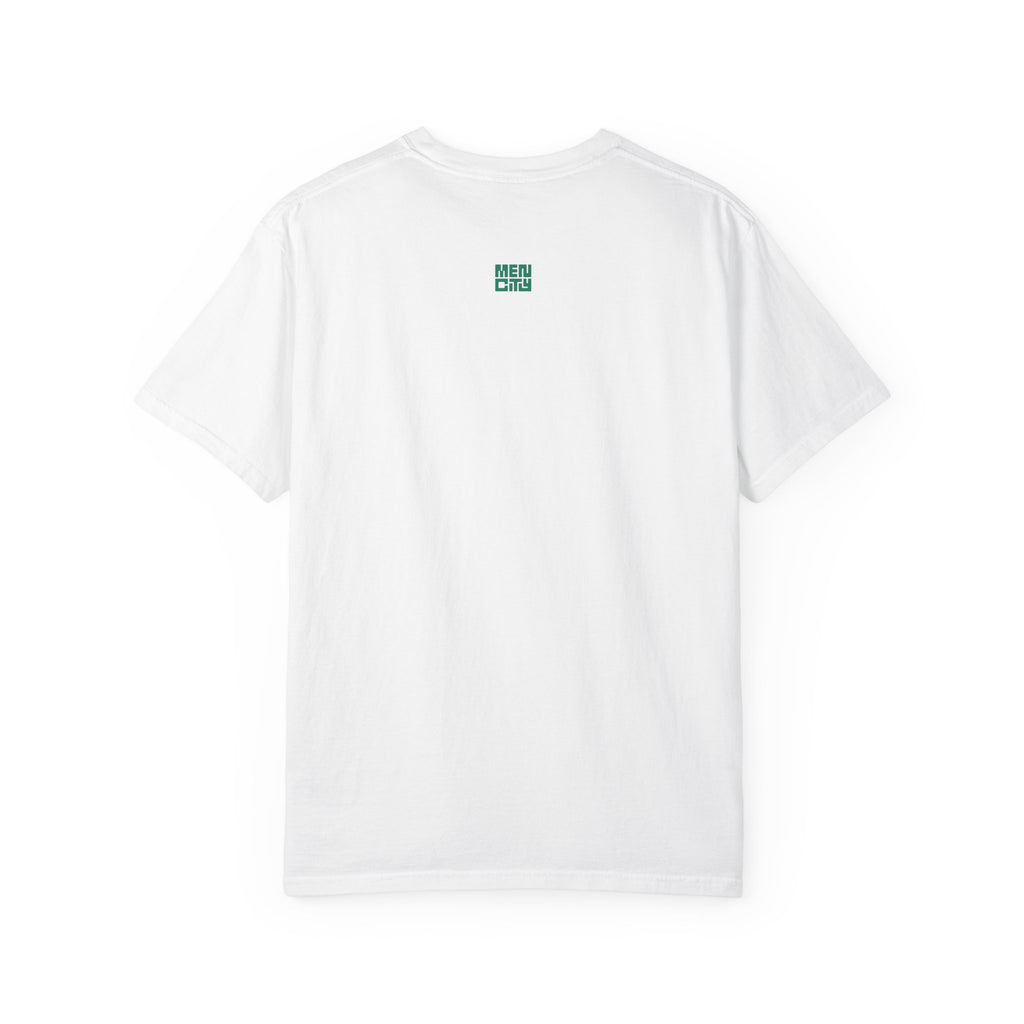 White Mencity Fighter gym t-shirt, back view, with small green logo below the neck