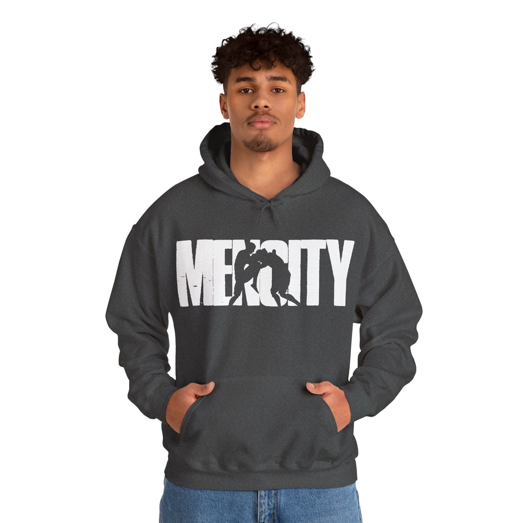 Model wearing the Mencity Urban Hoodie in dark heather
