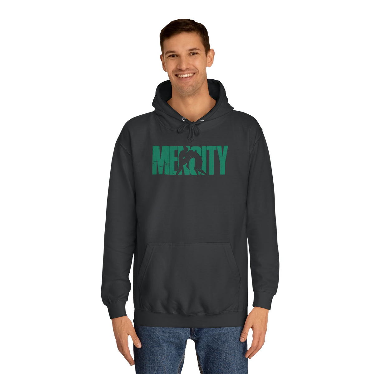Man wearing the Jet Black Fight Camp Hoodie with the green Mencity fighter wordmark, hood down