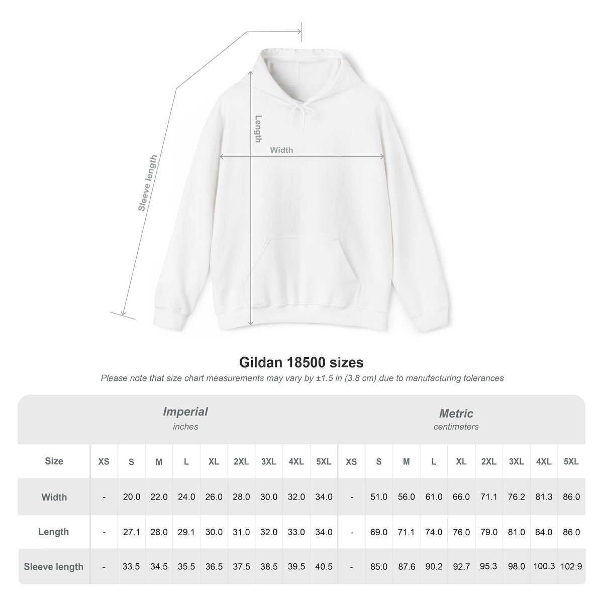 Gildan 18500 hoodie size chart for the Mencity Urban Hoodie
