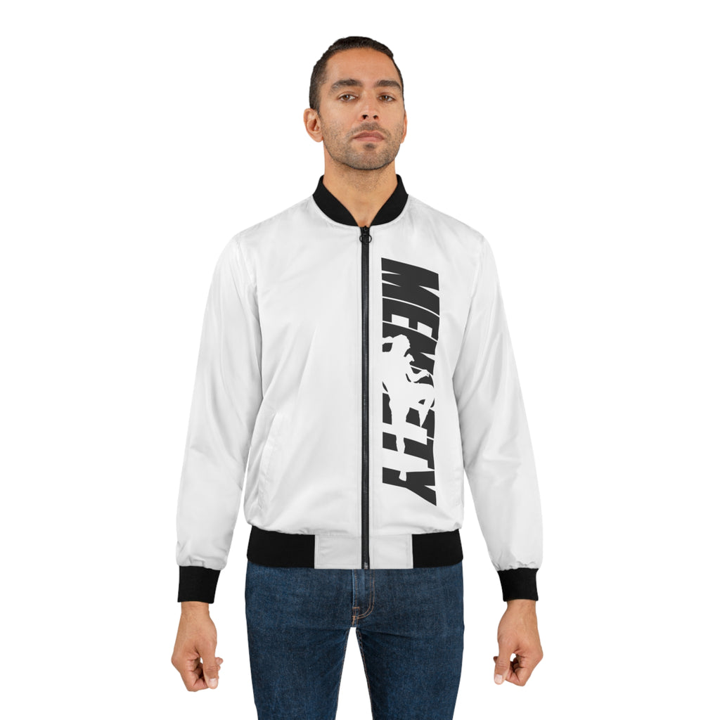 Man wearing the white Mencity bomber jacket zipped up with a black vertical MENCITY print, front view
