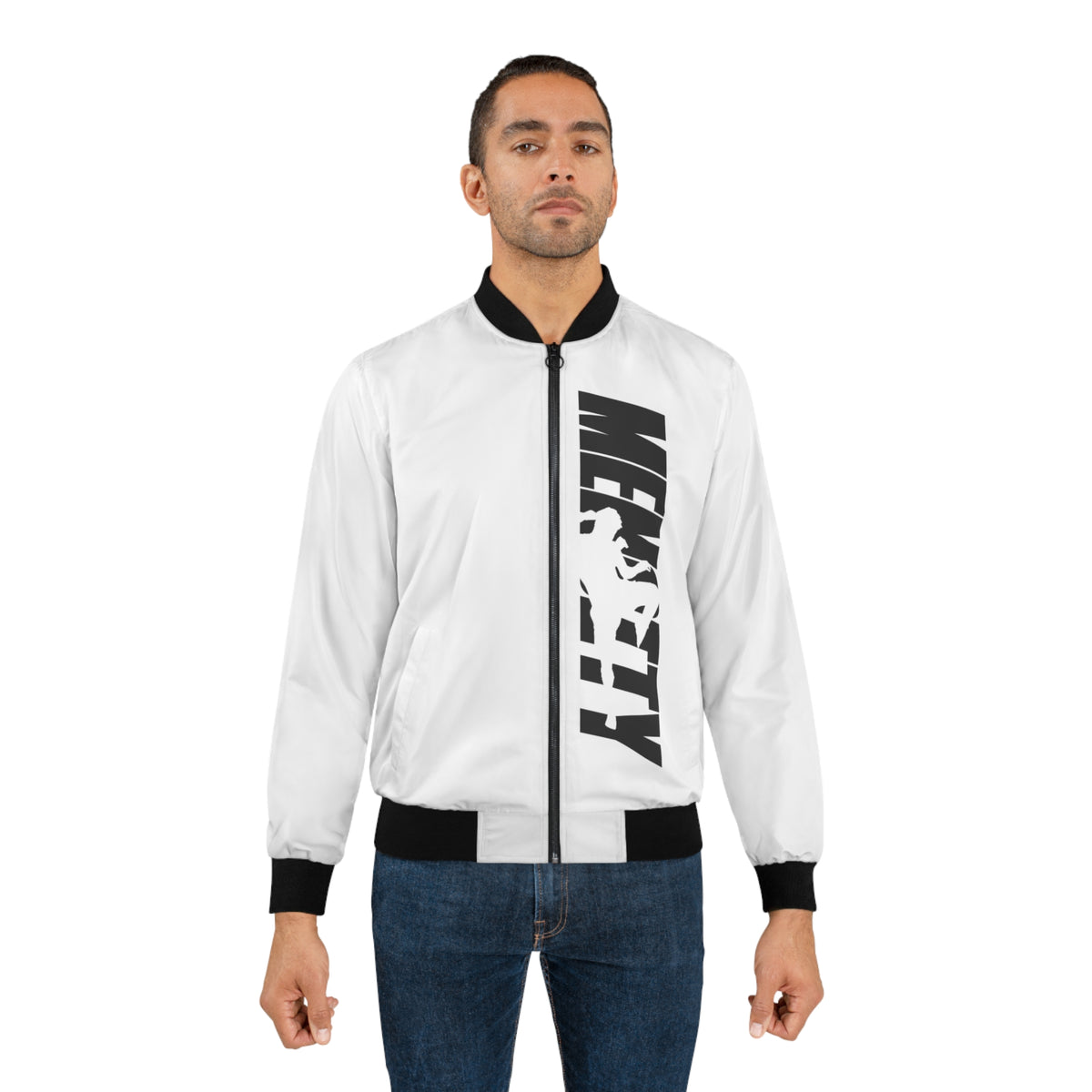 Man wearing the white Mencity bomber jacket zipped up with a black vertical MENCITY print, front view