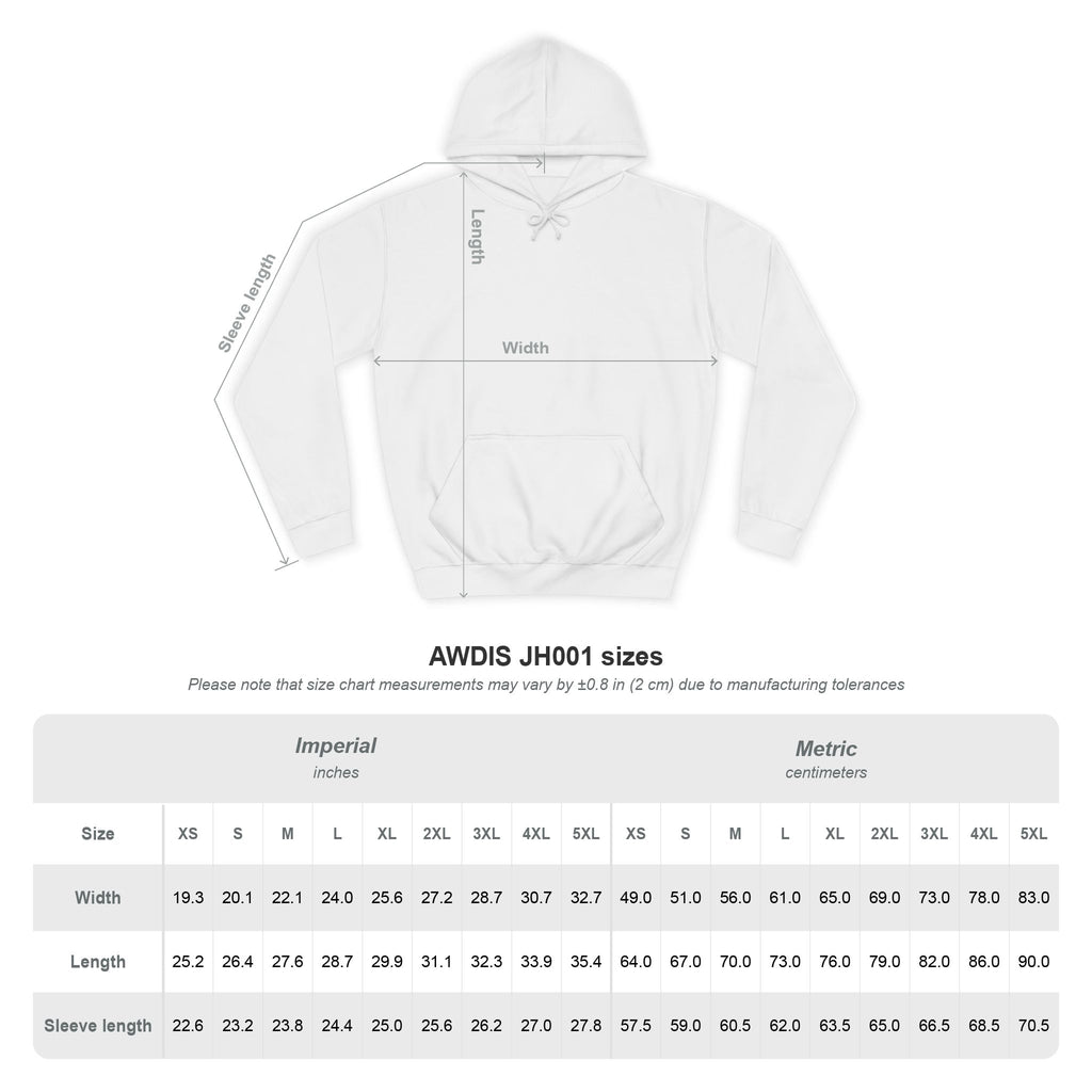 Fight Camp Hoodie size chart for the AWDis JH001: width, length and sleeve length in inches and centimetres