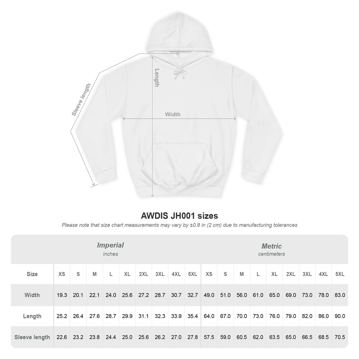 Fight Camp Hoodie size chart for the AWDis JH001: width, length and sleeve length in inches and centimetres