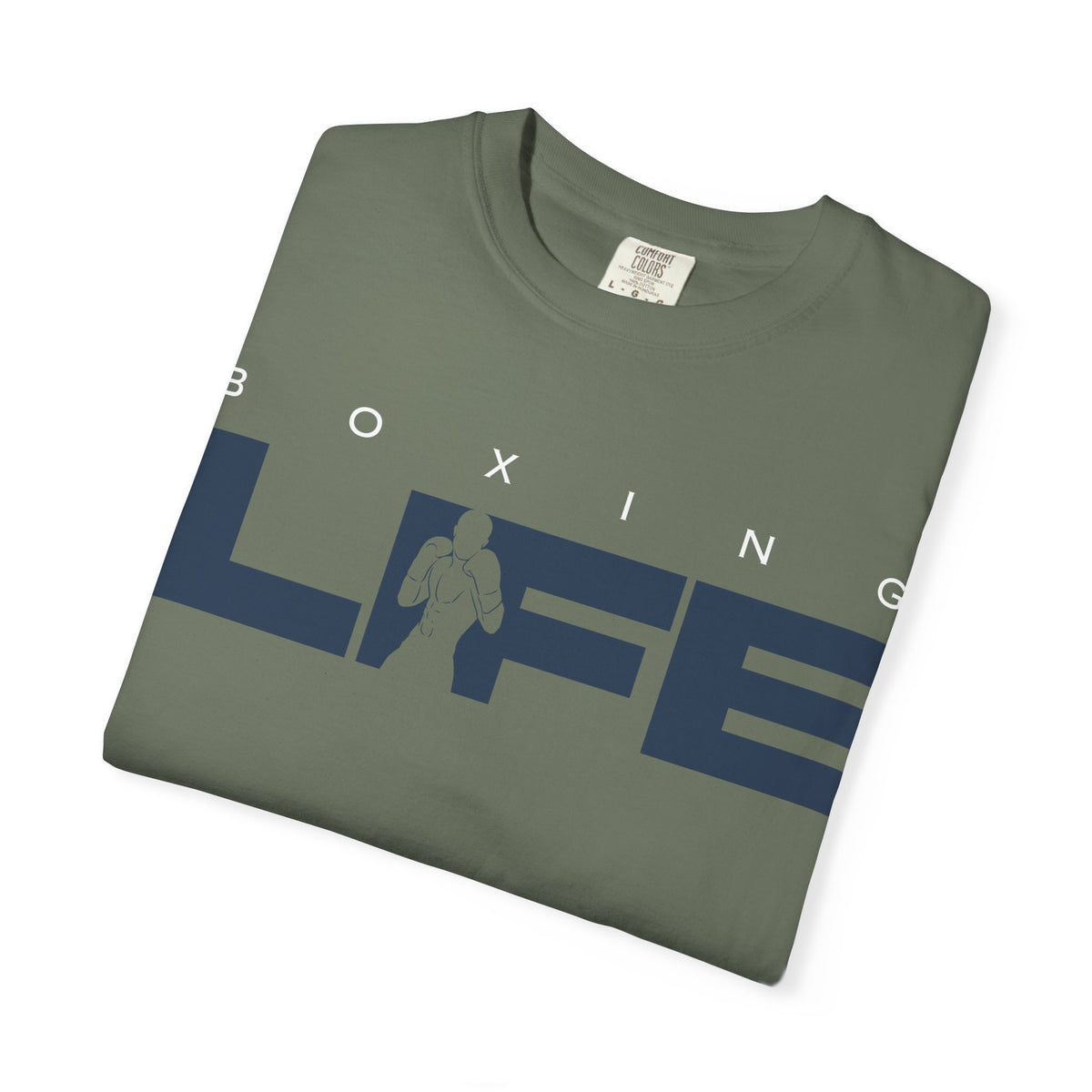 Moss green Mencity Boxing Life t-shirt, folded to show the navy LIFE graphic