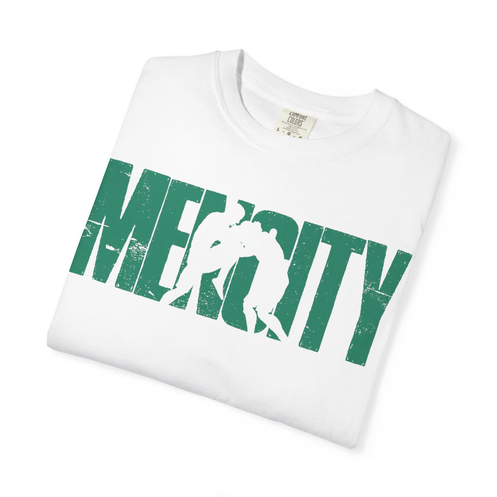 White Mencity Fighter gym t-shirt, folded to show the green MENCITY boxer wordmark