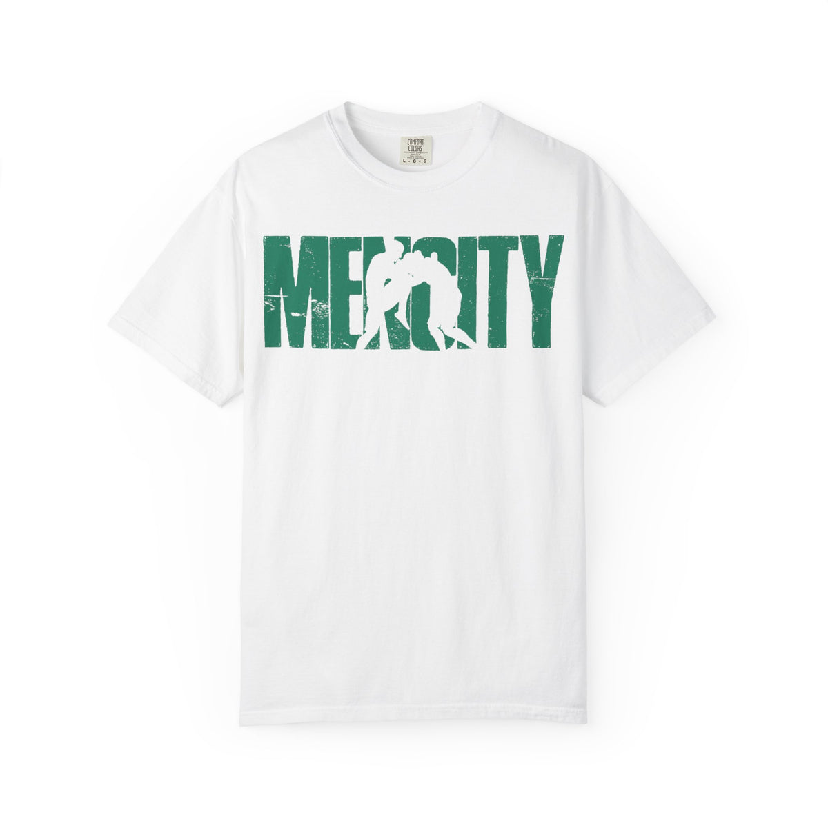 White Mencity Fighter gym t-shirt, front view, with green MENCITY wordmark and boxer silhouette