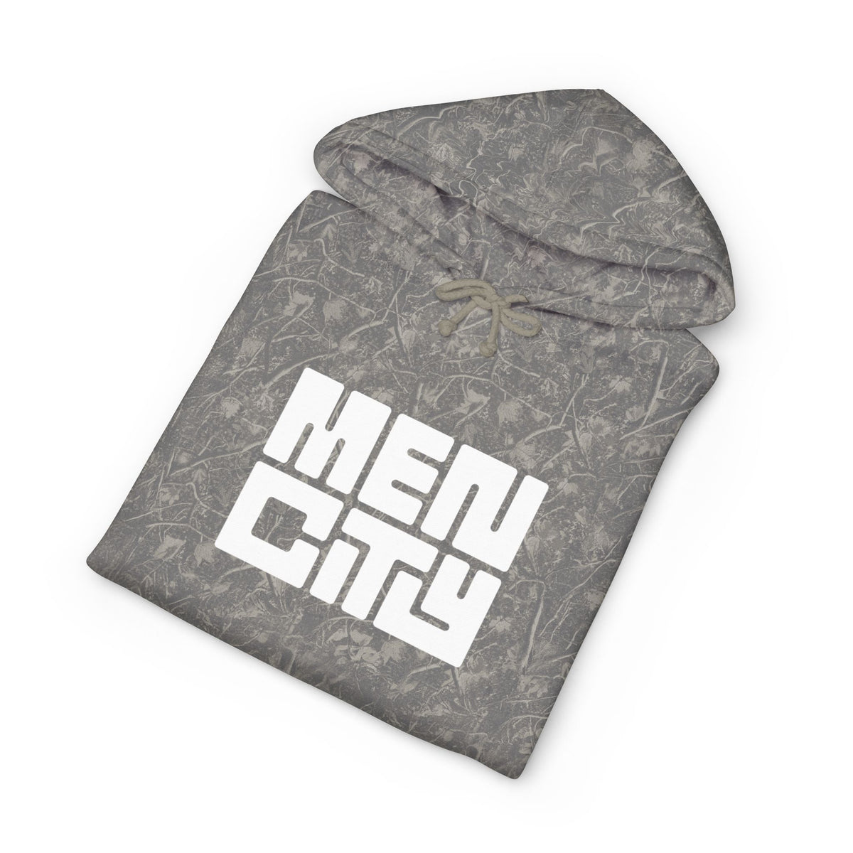 Grey deadwood camo Mencity gym hoodie, folded to show the white MEN CITY block logo