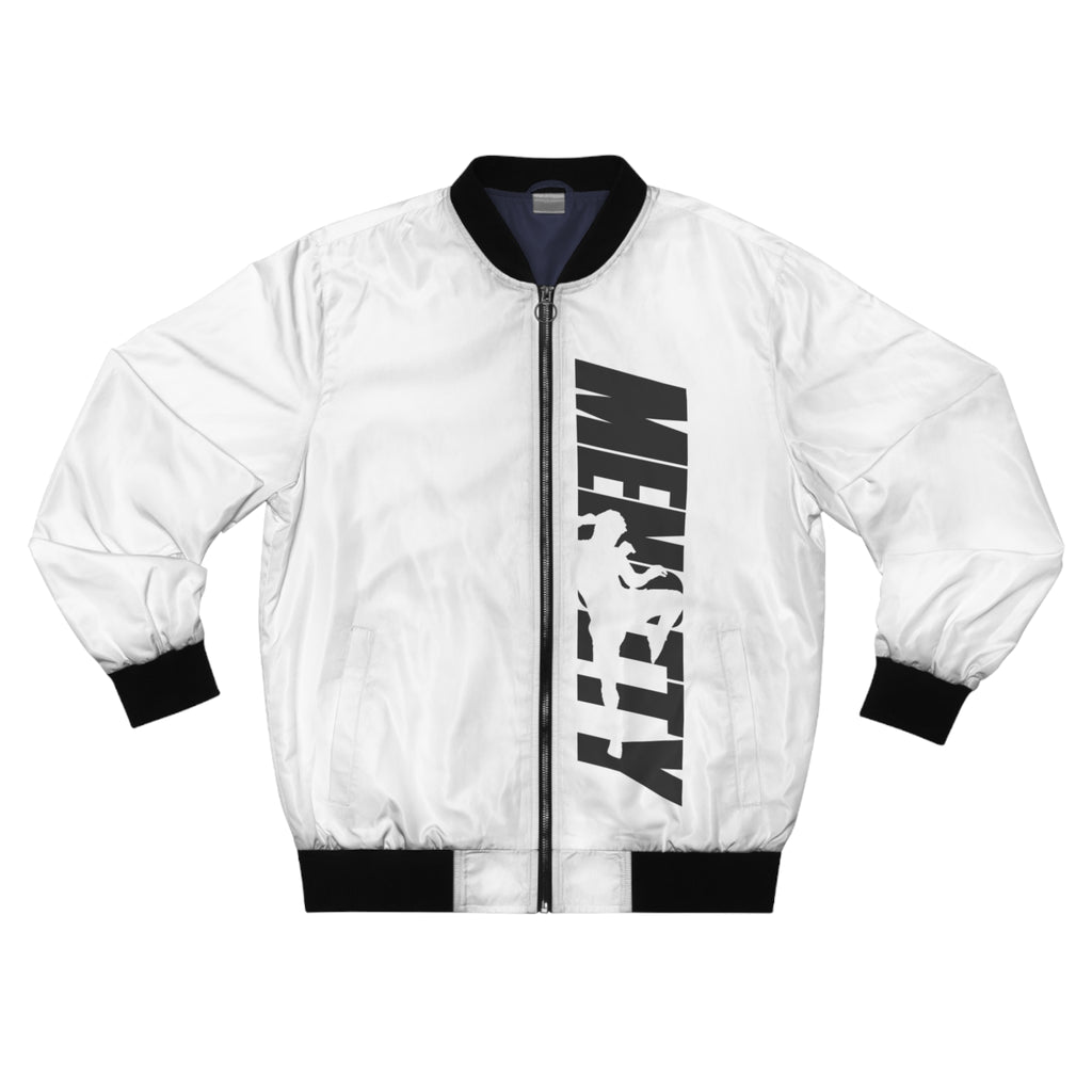 White Mencity bomber jacket, front view, with black rib trim and black MENCITY print down the right front