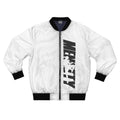 White Mencity bomber jacket, front view, with black rib trim and black MENCITY print down the right front