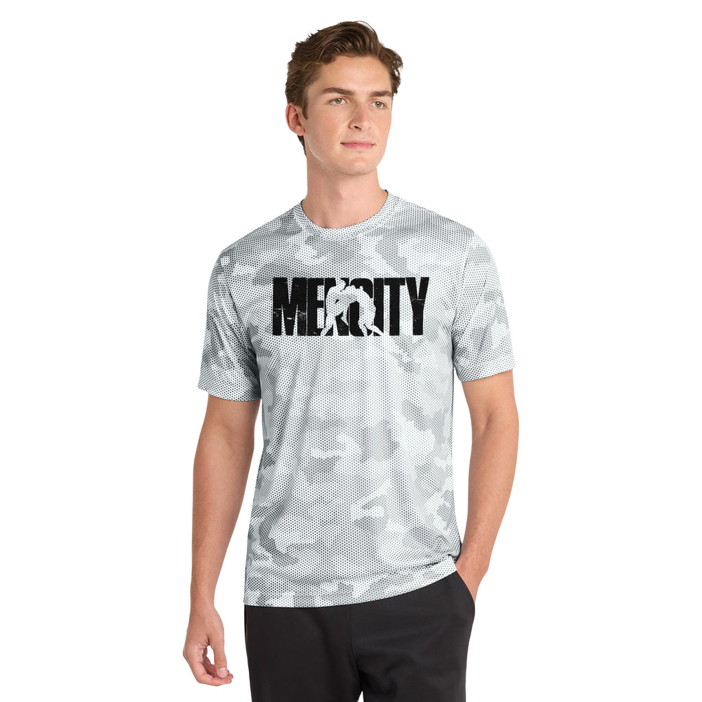 Man wearing the white and grey camo Mencity training t-shirt with black MENCITY chest graphic, front view