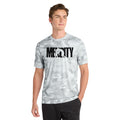 Man wearing the white and grey camo Mencity training t-shirt with black MENCITY chest graphic, front view