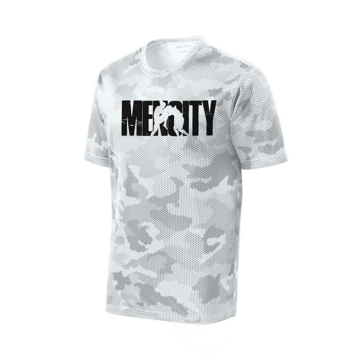 White and grey camo Mencity training t-shirt, front view, with black distressed MENCITY boxer chest graphic