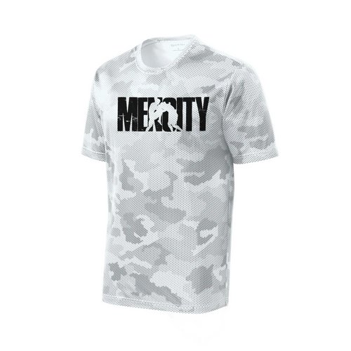 White and grey camo Mencity training t-shirt, front view, with black distressed MENCITY boxer chest graphic
