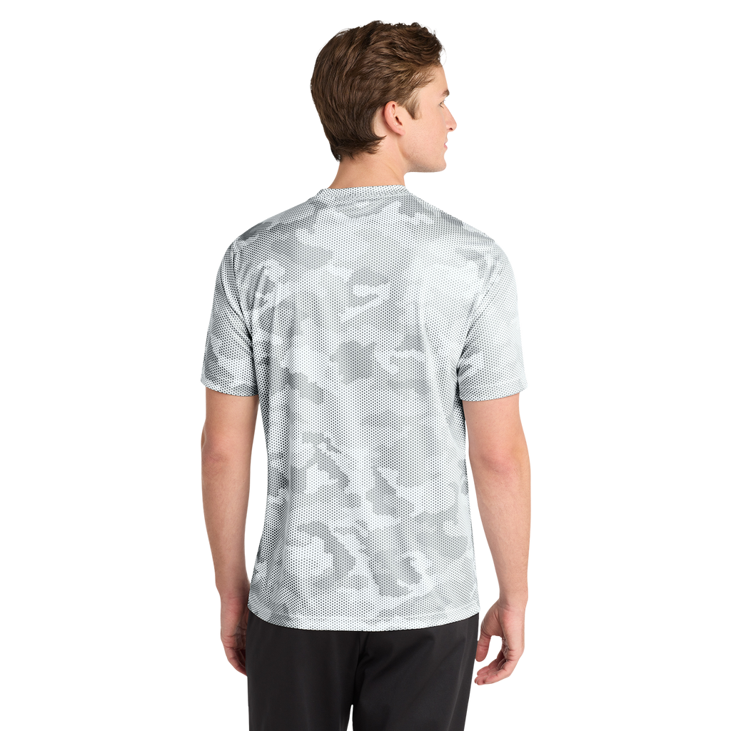 Man wearing the white and grey camo Mencity training t-shirt, back view, camo pattern across the back