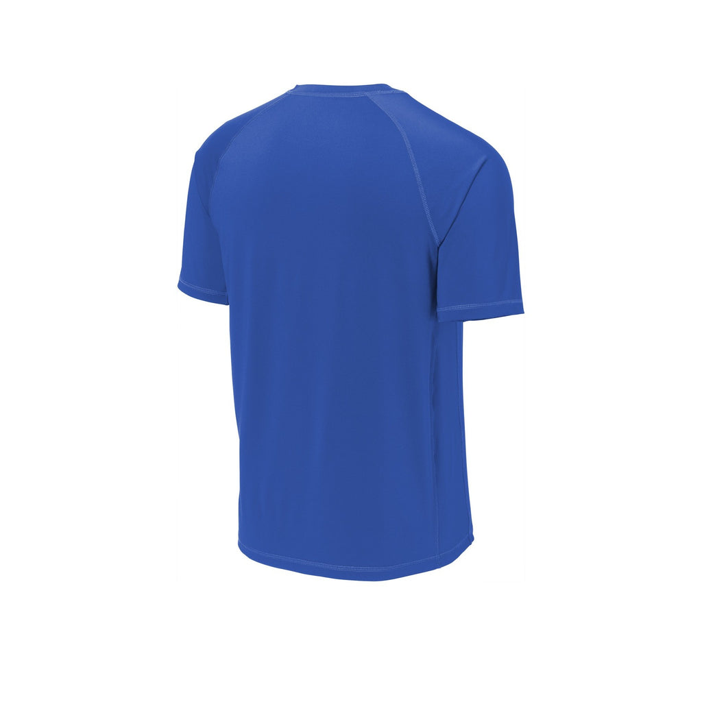 True royal blue Mencity Fight Camp rashguard tee, back view, with raglan sleeves