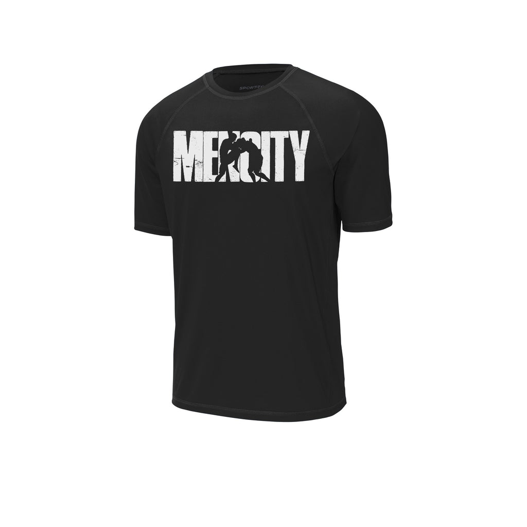 Black Mencity Fight Camp rashguard tee, front view, with white MENCITY boxer chest graphic
