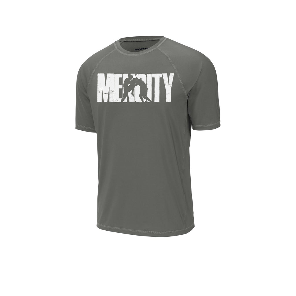 Dark smoke grey Mencity Fight Camp rashguard tee, front view, with white MENCITY boxer chest graphic
