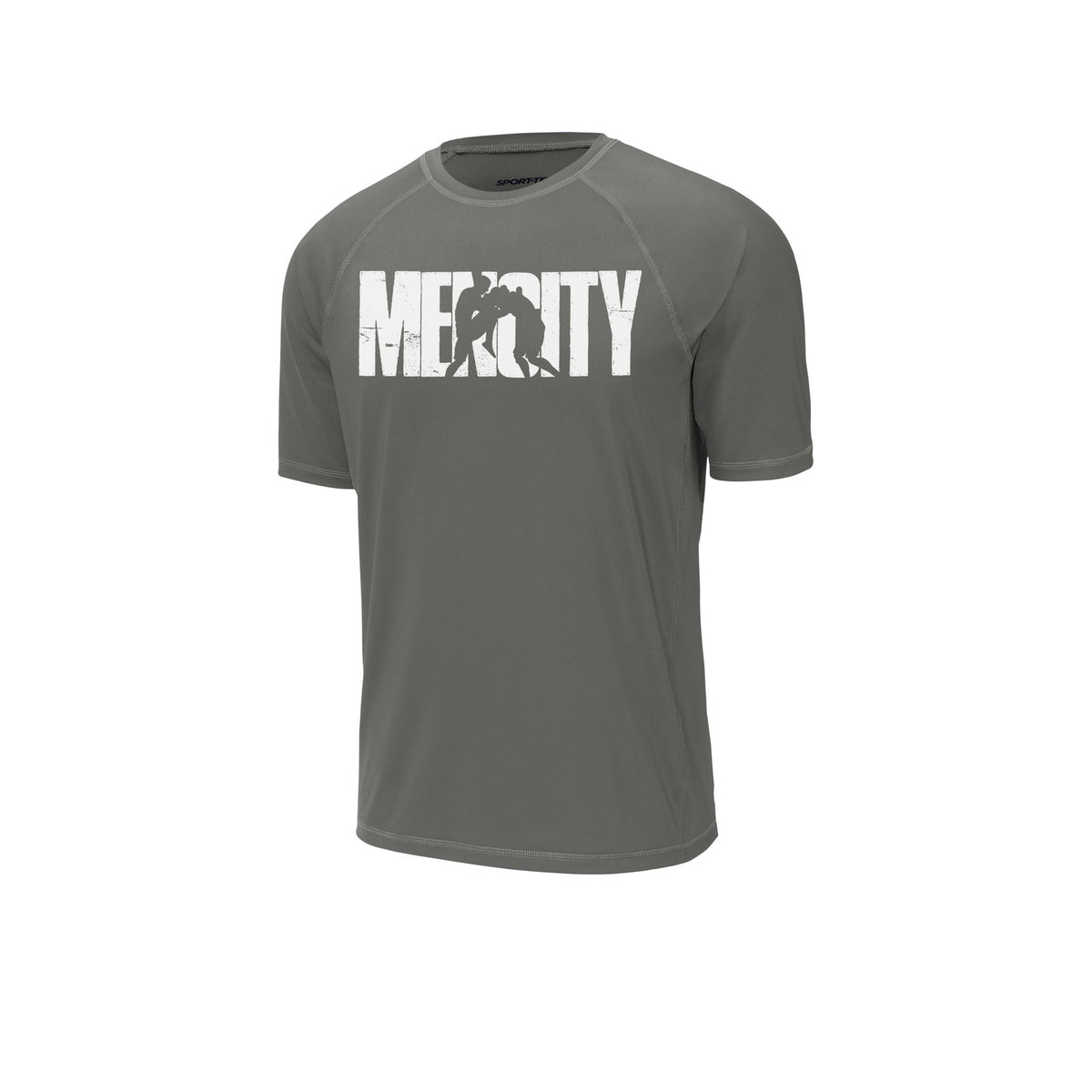 Dark smoke grey Mencity Fight Camp rashguard tee, front view, with white MENCITY boxer chest graphic