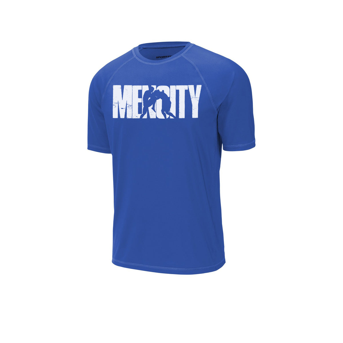 True royal blue Mencity Fight Camp rashguard tee, front view, with white MENCITY boxer chest graphic