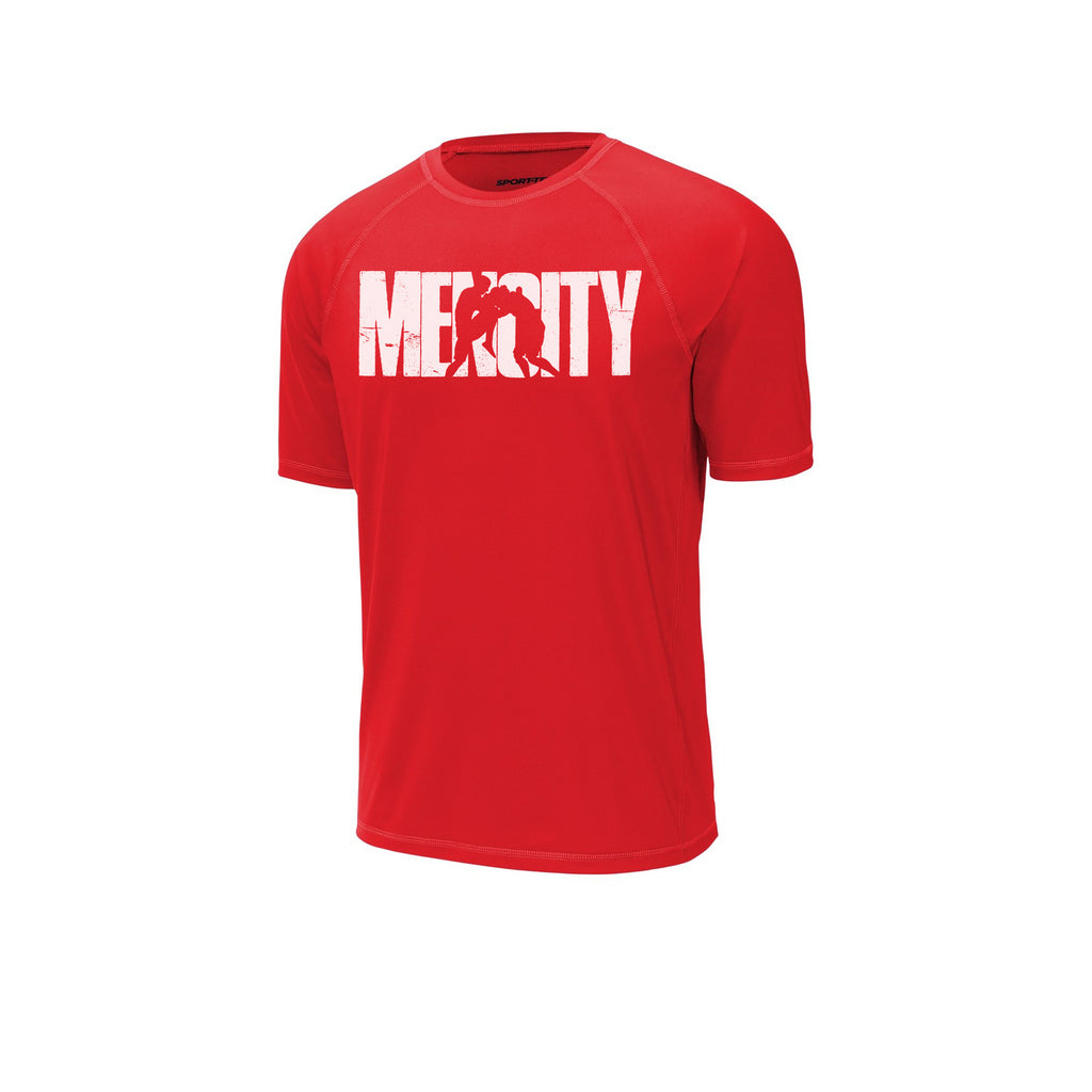 Red Mencity Fight Camp rashguard tee, front view, with white MENCITY boxer chest graphic