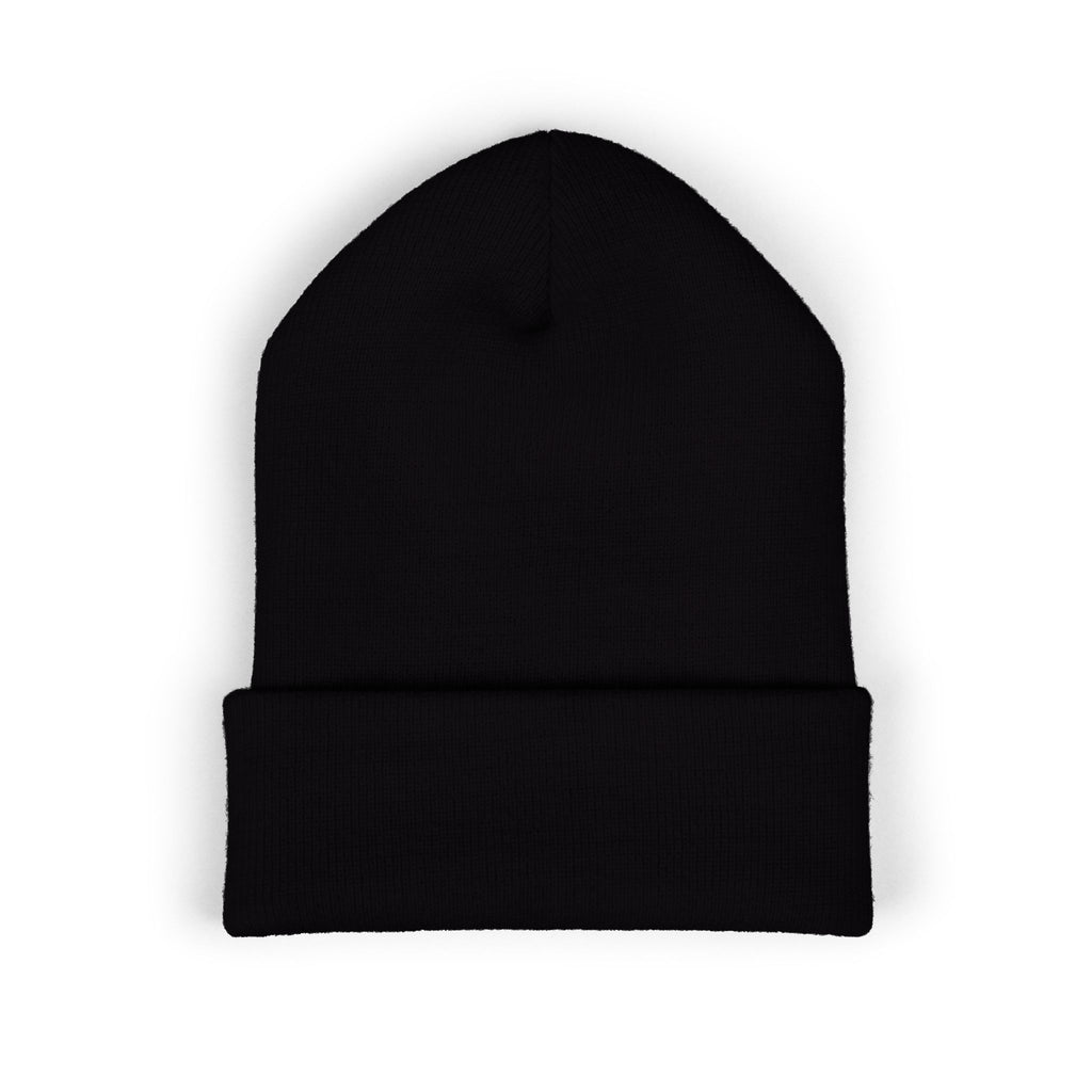 Black Mencity cuffed beanie, back view, plain cuff