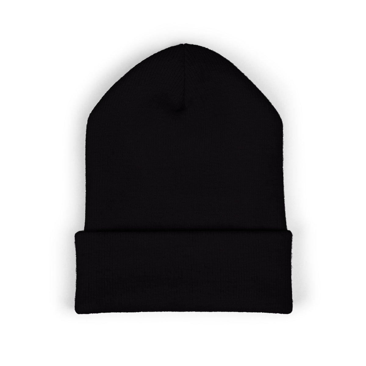Black Mencity cuffed beanie, back view, plain cuff