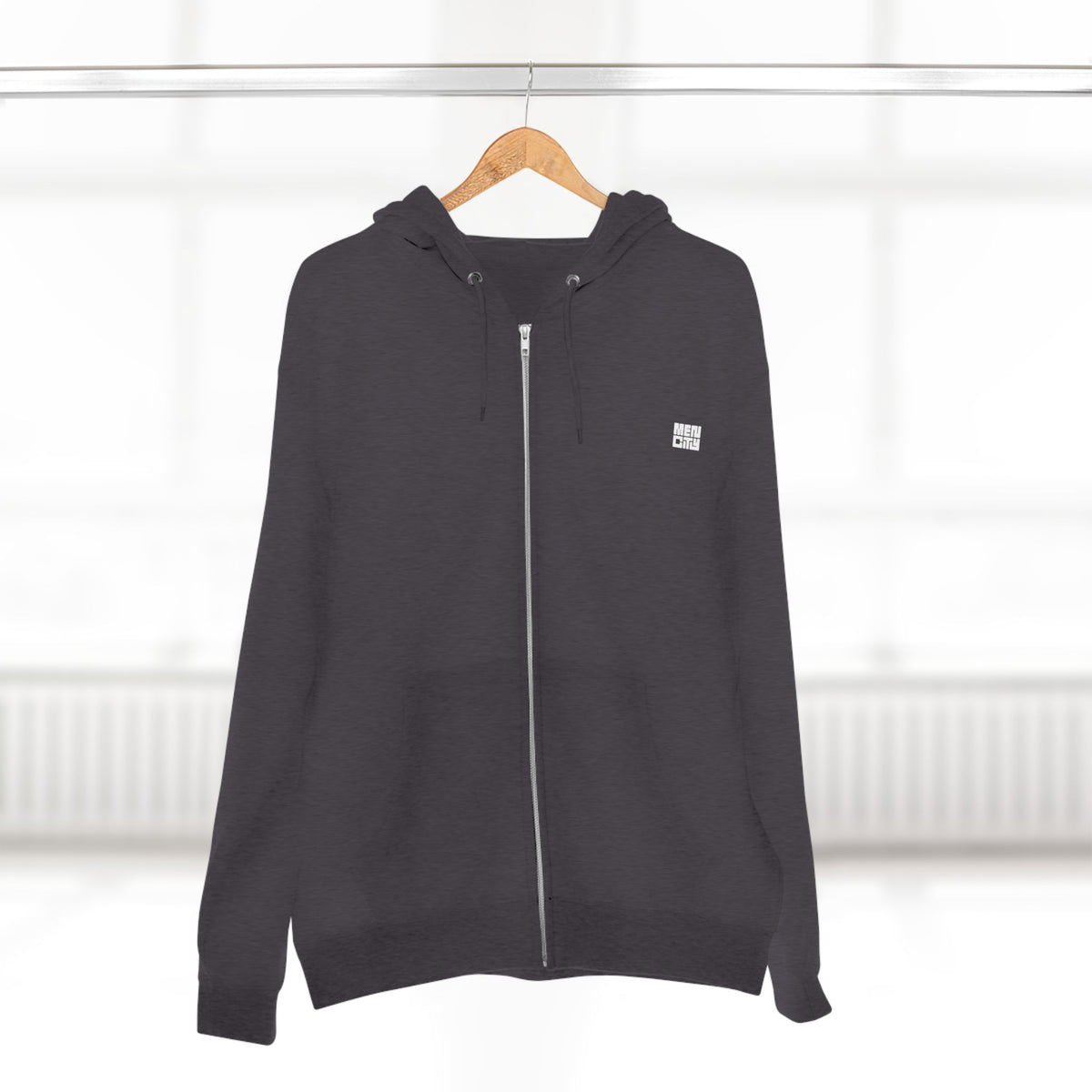 Charcoal heather Mencity essential gym zip hoodie on a hanger, front view, fully zipped