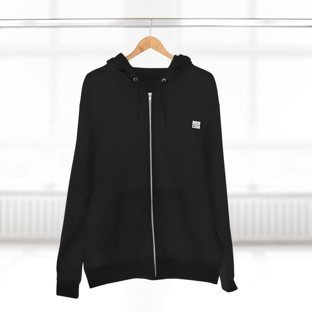 Black Mencity essential gym zip hoodie on a hanger, front view, fully zipped