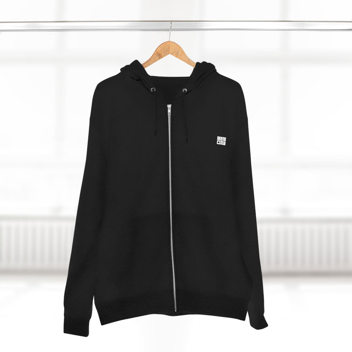 Black Mencity essential gym zip hoodie on a hanger, front view, fully zipped