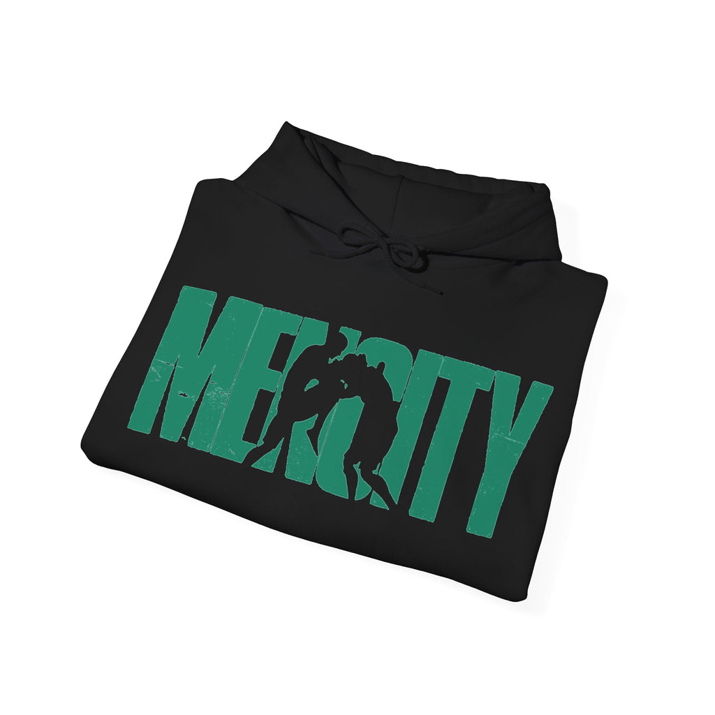 Black Mencity Fighter gym hoodie, folded to show the green MENCITY boxer wordmark