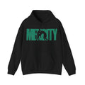 Black Mencity Fighter gym hoodie, front view, with green MENCITY wordmark and boxer silhouette