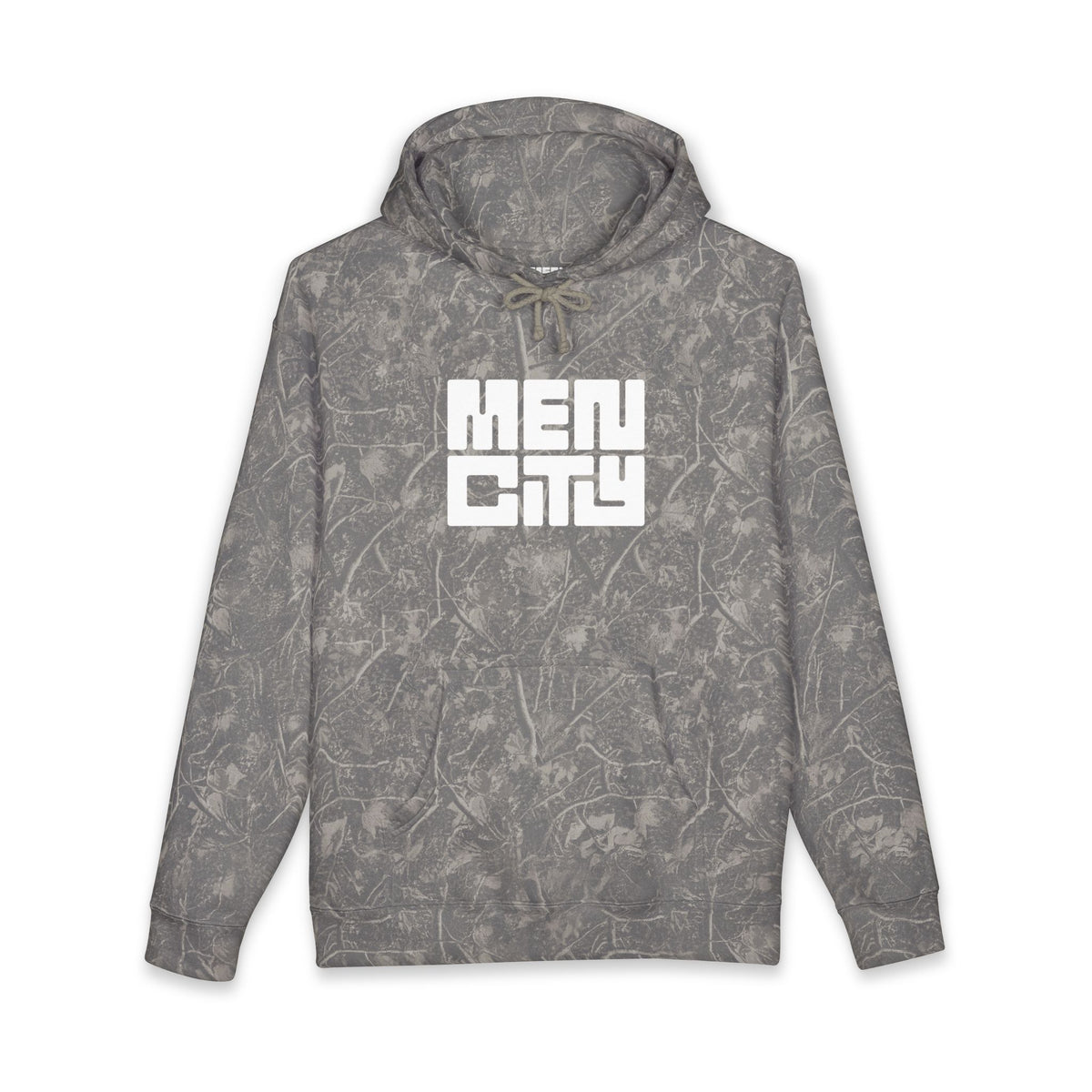 Grey deadwood camo Mencity gym hoodie, front view, with white MEN CITY block logo on the chest