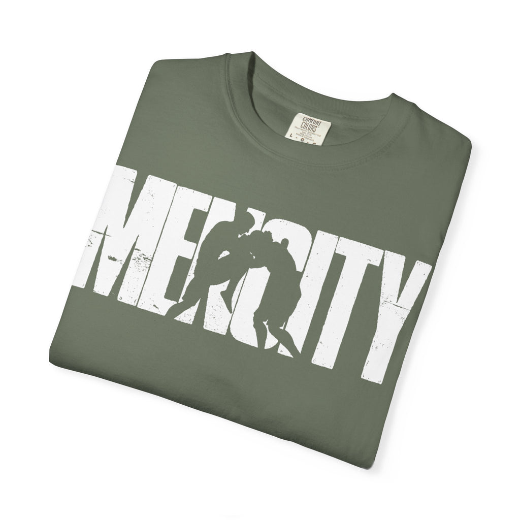 Moss green Mencity Fighter gym t-shirt, folded to show the white MENCITY boxer wordmark