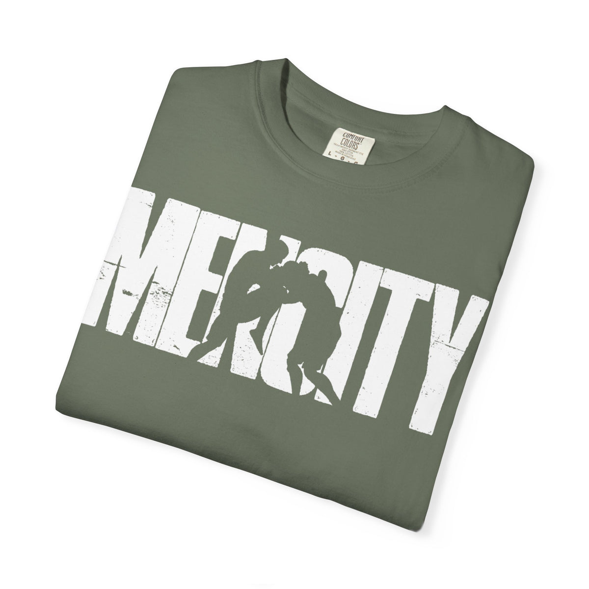 Moss green Mencity Fighter gym t-shirt, folded to show the white MENCITY boxer wordmark
