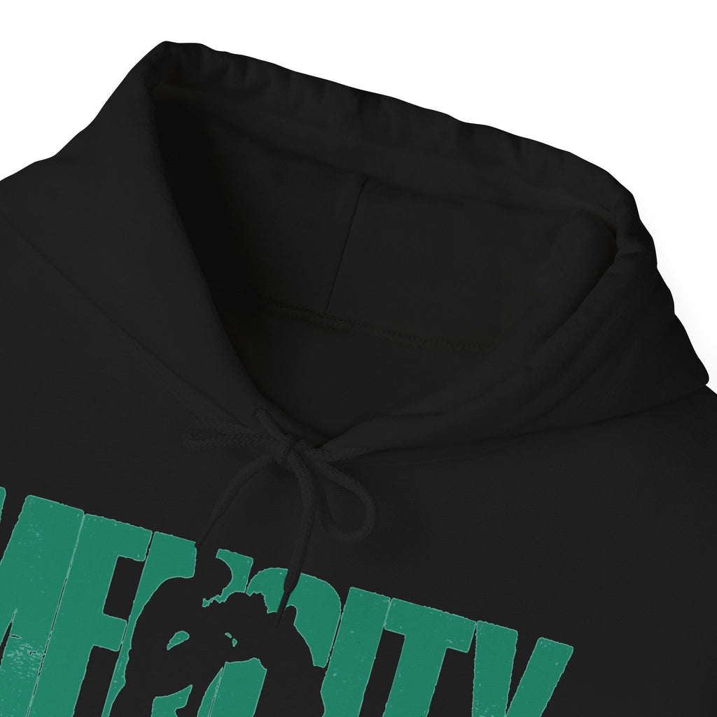 Close-up of the black Mencity Fighter hoodie hood, drawcords and green MENCITY print