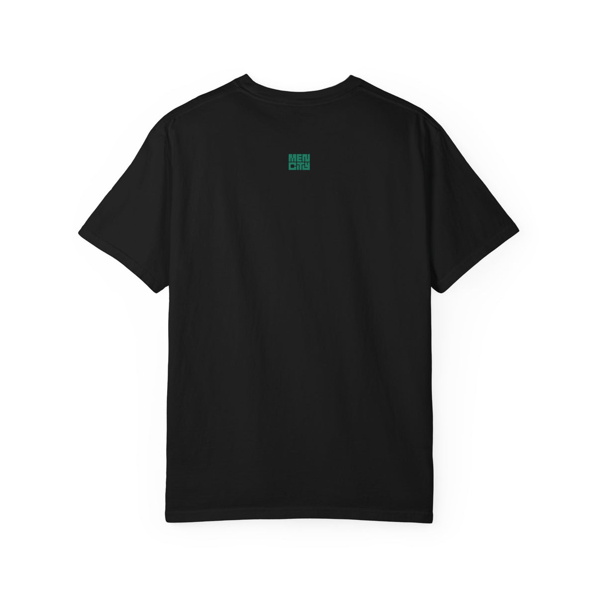 Black Mencity Fighter gym t-shirt, back view, with small green logo below the neck