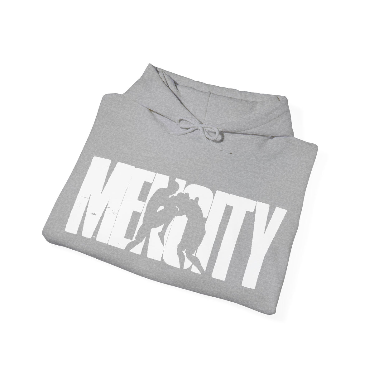 Mencity Urban Hoodie in sport grey, folded to show the chest print